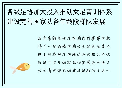 各级足协加大投入推动女足青训体系建设完善国家队各年龄段梯队发展