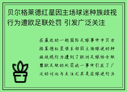 贝尔格莱德红星因主场球迷种族歧视行为遭欧足联处罚 引发广泛关注