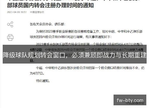降级球队规划转会窗口,必须兼顾即战力与长期重建 降级球队规划转会窗口,必须兼顾即战力与长期重建
